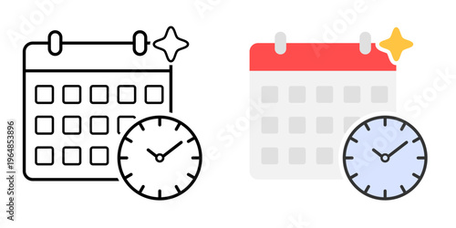 Calendar clock symbol. Calendar grid combined with clock and small sparkle element. Scheduling and time planning indicator. Simple geometric icon.
