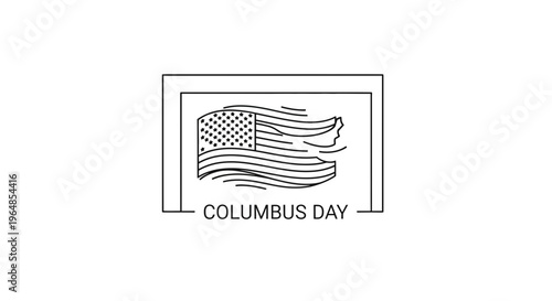Minimalist outline drawing of a waving American flag with Columbus Day text in a clean framed design
