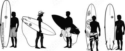 Surfer man silhouette set, male surfers with surfboard on beach, summer water sports, cad drawing flat vector illustration, flavector, vacation
