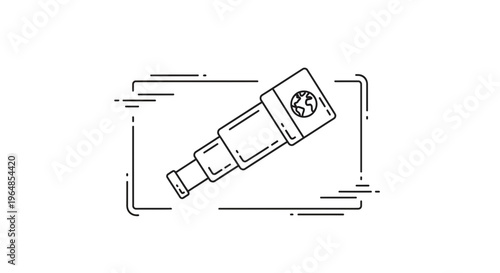 Line art illustration of a telescope featuring a globe symbol, representing global discovery and