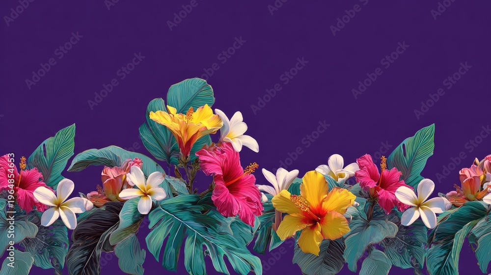 Fototapeta premium Vibrant Floral Arrangement with Colorful Hibiscus and Exotic Flowers on a Purple Background
