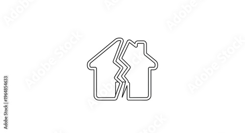 Minimalist outline illustration of a house split in two, symbolizing a broken home, divorce, or