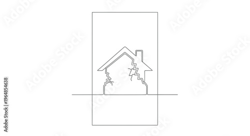 Abstract continuous line art depicting a residential structure with significant cracks indicating