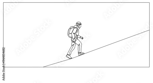Continuous line drawing of an adventurous hiker climbing an upward slope, showcasing determination