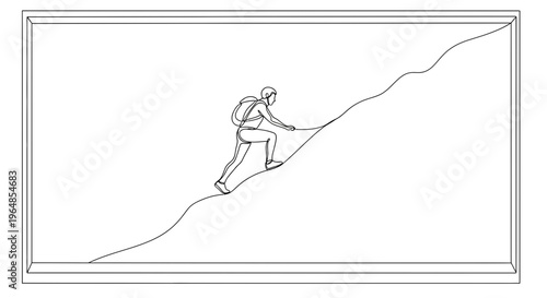 Minimalist one line drawing of a determined backpacker hiking up a challenging uphill trajectory