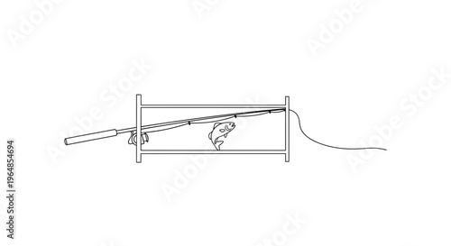 Continuous line art illustration of a fishing rod successfully catching a lively fish within a