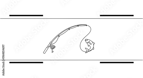 Minimalist line art illustration capturing the exciting moment of a fish caught on a bending