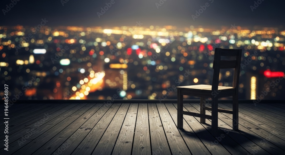 Obraz premium A wooden chair on a dark balcony overlooks the blurred city lights at midnight, reflecting a somber mood of insomnia and deep contemplation, outdoors, porch, furniture