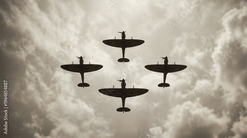 Vintage warplanes flying in formation against dramatic cloudy sky background