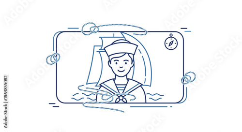 Smiling sailor character with a classic sailboat and compass in a clean vector line art