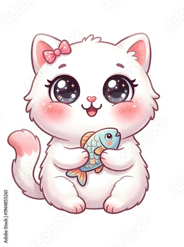 Adorable white cartoon kitten with big sparkling eyes and a pink bow, happily holding a small fish in its paws.