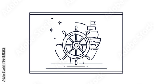 Nautical voyage steering wheel and sailboat line art illustration for maritime adventure concepts