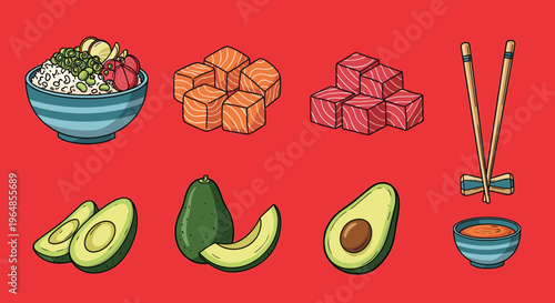 A vibrant cartoon illustration of two avocado slices on a bold red background, perfect for healthy food marketing and wellness concepts.
