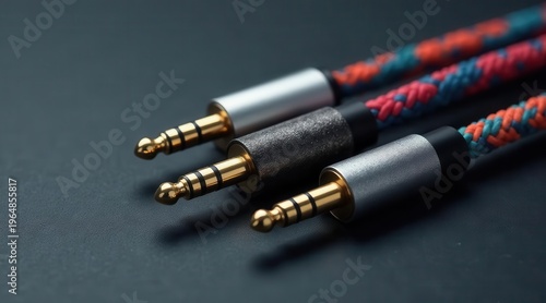Close-up view of three stylish audio cables with colorful braided sheaths and metallic connectors, resting on a dark surface