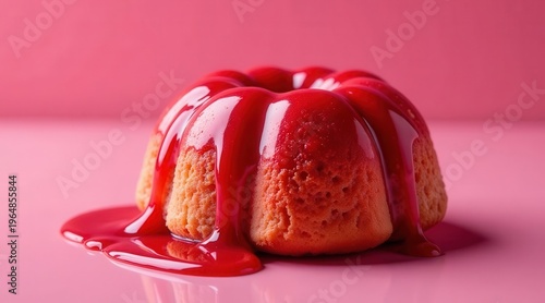A luscious bundt cake, generously glazed with a vibrant red, glossy topping, sits on a pink surface, the glaze dripping down the sides in a delightful manner.