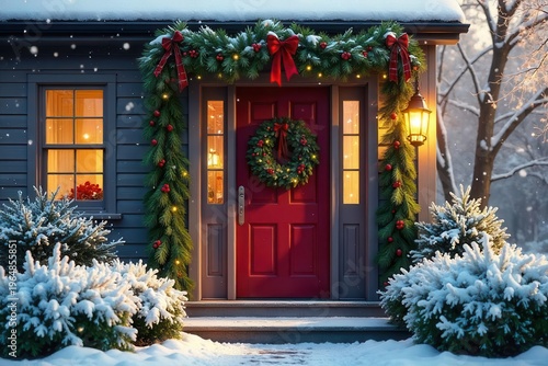 A charming home entrance adorned with festive winter greenery, illuminated by warm light, creating a cozy holiday atmosphere