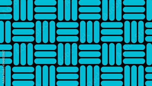 Dynamic turquoise and black seamless pattern, showcasing a visually engaging grid of interlocking rounded rectangles in a modern woven style