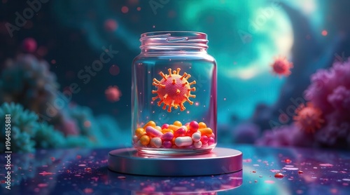 A microscopic virus contained within a glass jar, surrounded by colorful pills on a reflective surface, against a vibrant background