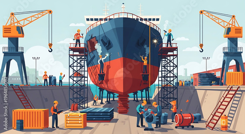 Shipyard scene with workers repairing a large vessel in dry dock, showcasing industrial activity and shipbuilding