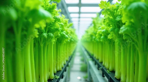 Vibrant Green Celery Stalks Growing in a Modern, Controlled Environment Hydroponic Farm