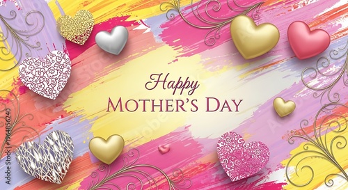 Colorful Mother's Day greeting card with hearts and glittery pastel background, flat lay composition