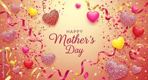 Happy Mother's Day card with glitter hearts, flowers, and festive pink background for celebration and greeting