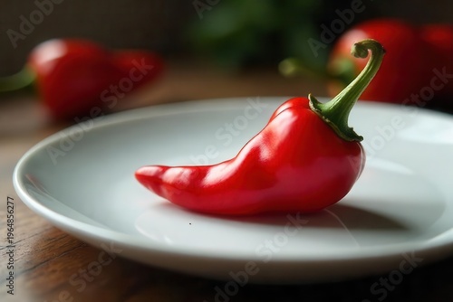 A single vibrant red pepper rests on a pristine white plate, with additional peppers blurred in the background, creating a simple yet striking culinary still life.