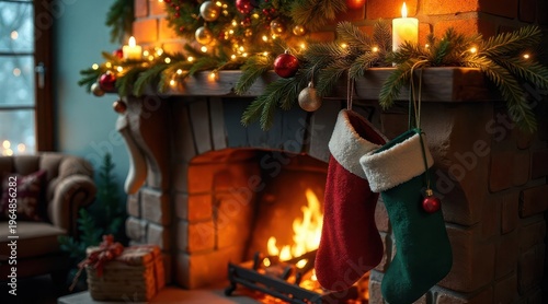 Cozy Fireplace Mantle Decorated with Festive Holiday Stockings and Burning Fire