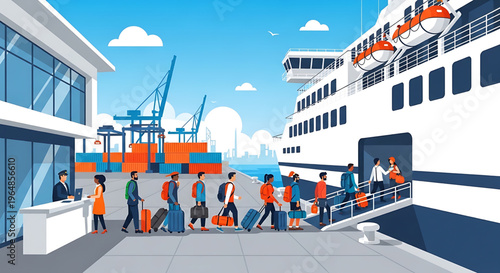 A diverse group of travelers with luggage boards a large ferry at a busy port terminal ready for their journey