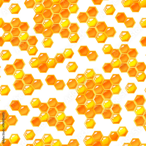 Seamless Honeycomb Pattern Vector with Golden Honey Cells, Organic Hexagon Texture Background for Packaging Design, Textile, Wallpaper and Branding, Glossy Hand Drawn Honeycomb