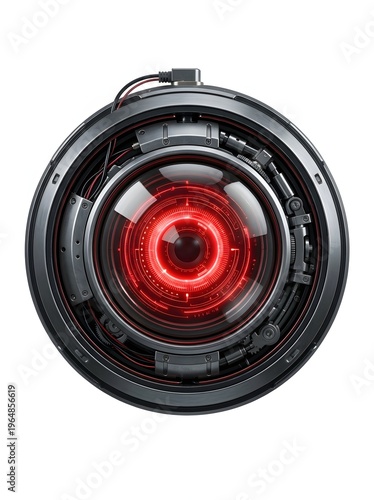 A detailed close-up of a futuristic, circular robotic eye with a glowing red lens and intricate mechanical components on a white background.