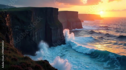 Dramatic coastal cliffs bathed in the golden hues of a breathtaking sunset, with powerful ocean waves crashing against the rugged shoreline creating a stunning natural spectacle