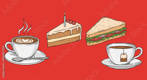 A cozy illustration of a coffee cup with a heart design on a red background, perfect for a warm and inviting atmosphere.