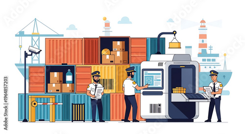 Customs inspection at the port with cargo containers, security scanning, and officers working in logistics and international trade