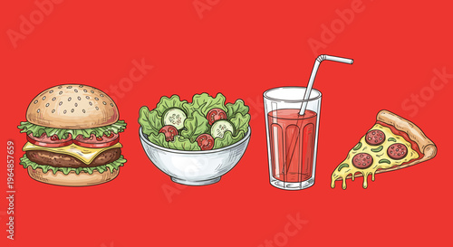 A mouthwatering illustration of a cheeseburger on a red background, perfect for food advertising or restaurant promotions, evoking a sense of hunger a
