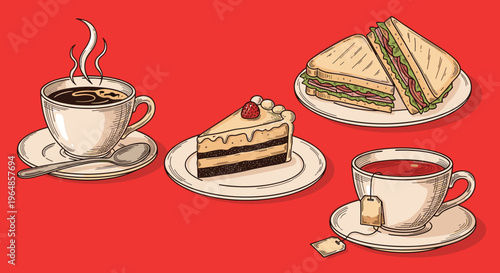 A vibrant digital illustration of a cup and saucer with a spoon on a red background, evoking a sense of modern simplicity and elegance.