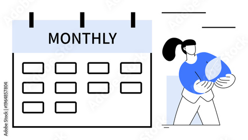 Time management, sustainability, productivity, eco-consciousness, business planning, environmental care. Large calendar with monthly layout and person holding a leaf. Time management