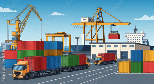 Logistics and shipping industry at port with cranes, trucks and containers, illustrating global trade and delivery services