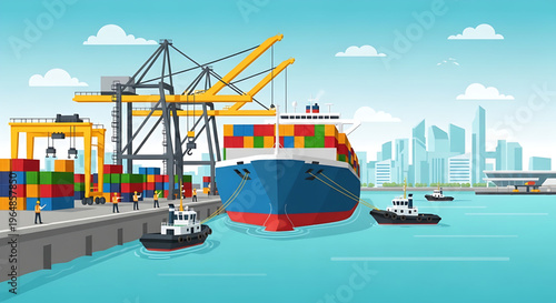 Container Ship Being Guided by Tugboats in a Busy Port with Cranes and City Skyline
