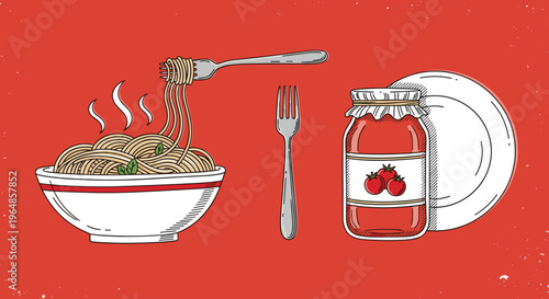 A vibrant illustration of a bowl of noodles on a red background, evoking a sense of comfort food and warmth.