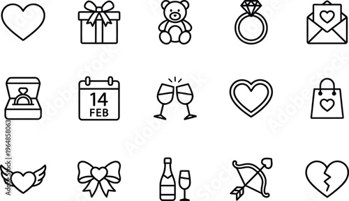 A collection of Valentine's Day icons and symbols on a white background