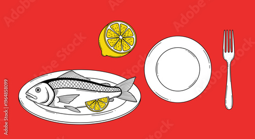 A simple illustration of a fish on a plate, set against a bold red background, evoking a sense of minimalism and culinary focus.