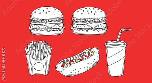 A simple illustration of French fries in a box on a red background, evoking a sense of hunger and craving.
