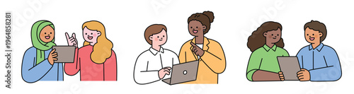Two people of different races are discussing while looking at a tablet and a laptop. Cute character with a round face. Upper body illustration.