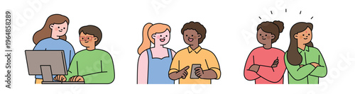 Two people of different races are sharing opinions and working together. Cute character with a round face. Upper body illustration.