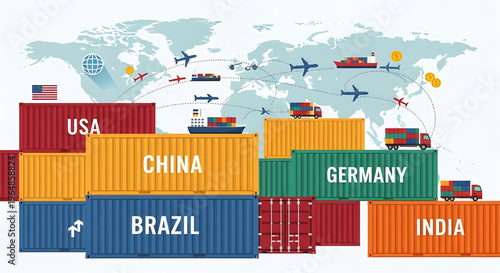 Global trade and international logistics visualized shipping containers from diverse countries represent worldwide economic connections and efficient freight movement