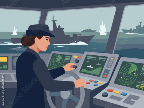Woman Captain Navigating a Naval Fleet on the Ocean.