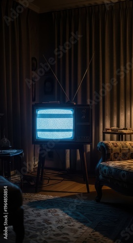 Vintage television set displays static noise upon its wooden stand inside a dimly lit room.