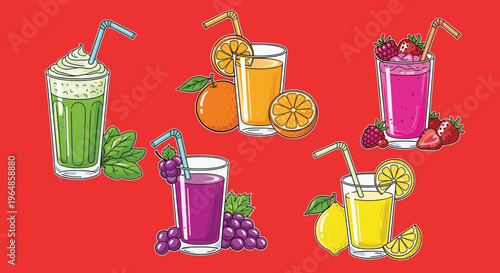 A vibrant illustration of a glass filled with green juice and a leafy garnish on a red background, evoking a sense of freshness and health.