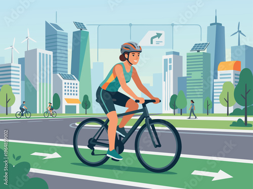 Woman cycling on a dedicated bike lane in a modern green city.